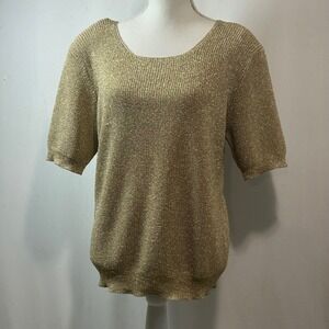 Vintage Christine Phillipe Gold Metallic Knit Top Scoop Neck Short‎ Sleeve XL